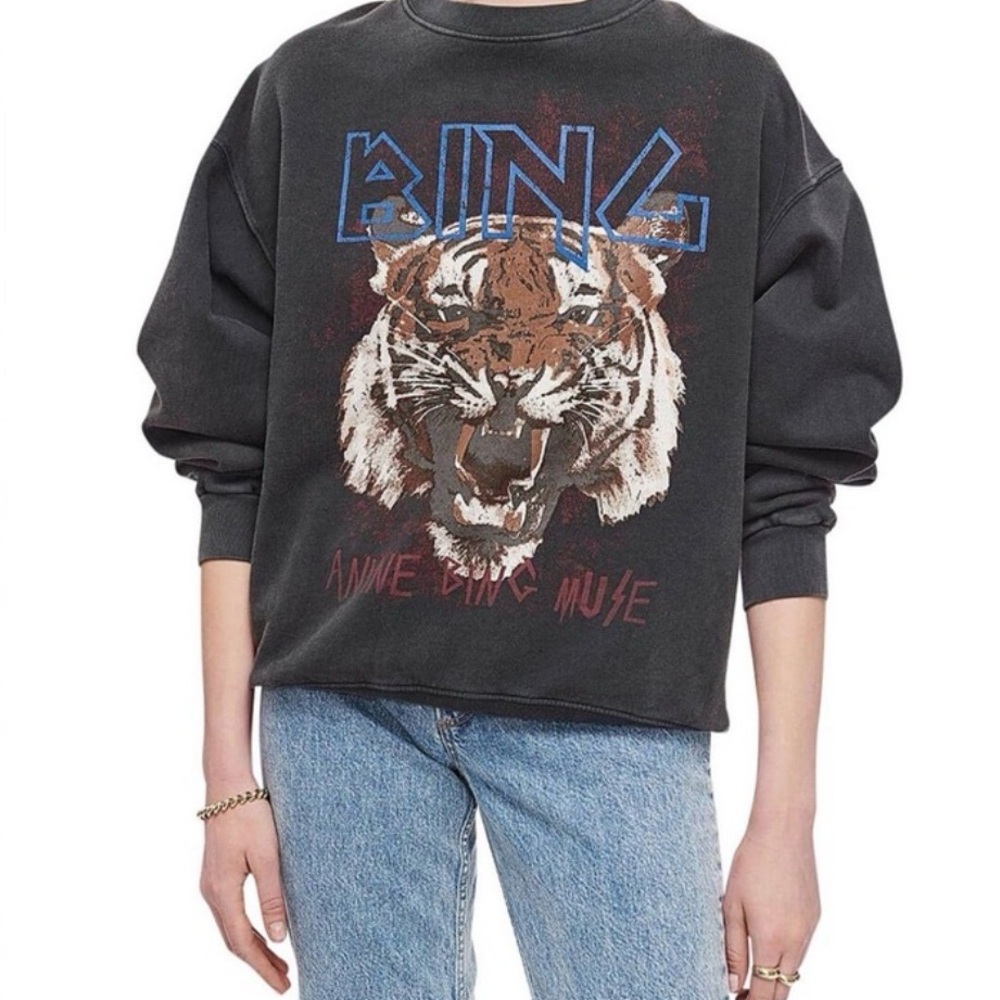 Anine Bing Black Pullover with Roaring Tiger and Blue Logo